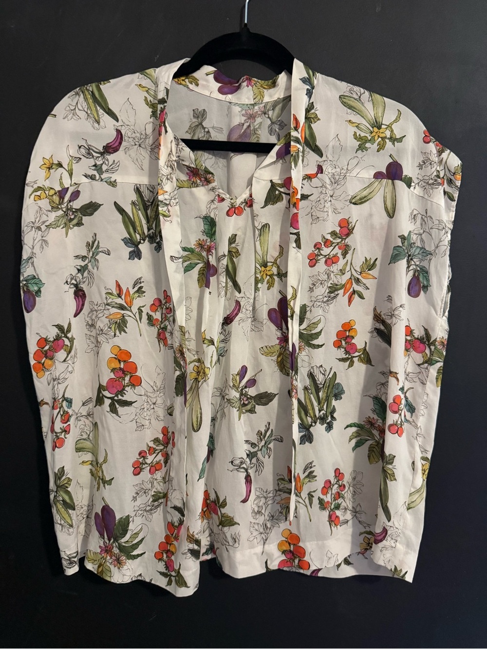 TOMORROWLAND White Botanical Tie-Neck Blouse with Multicolor Floral Print small